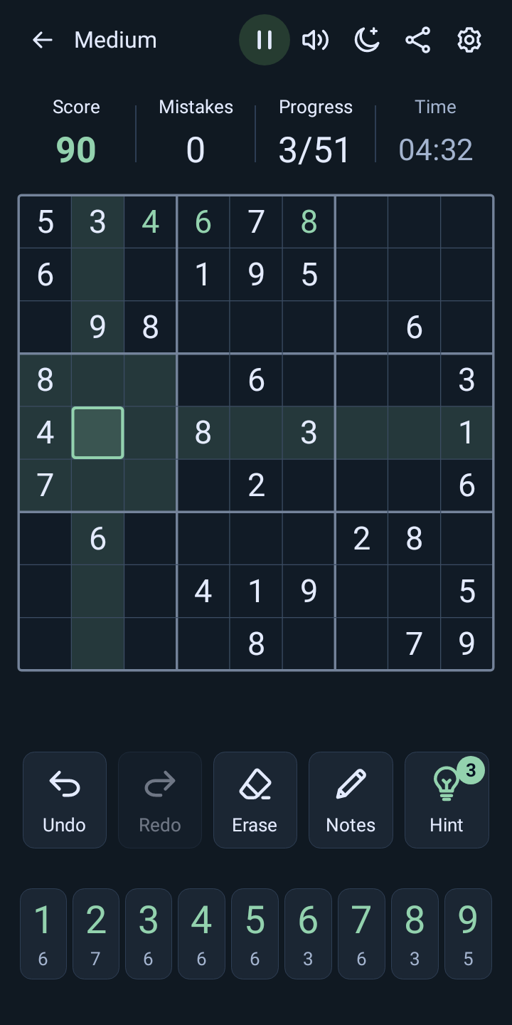 SuperSudoku board in a dark pine green theme