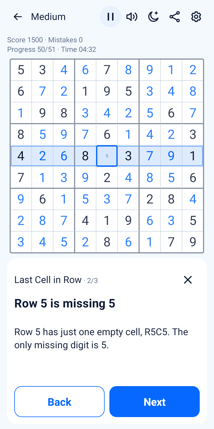 An actual SuperSudoku hint explains an observation, the reason, and the action on a highlighted board