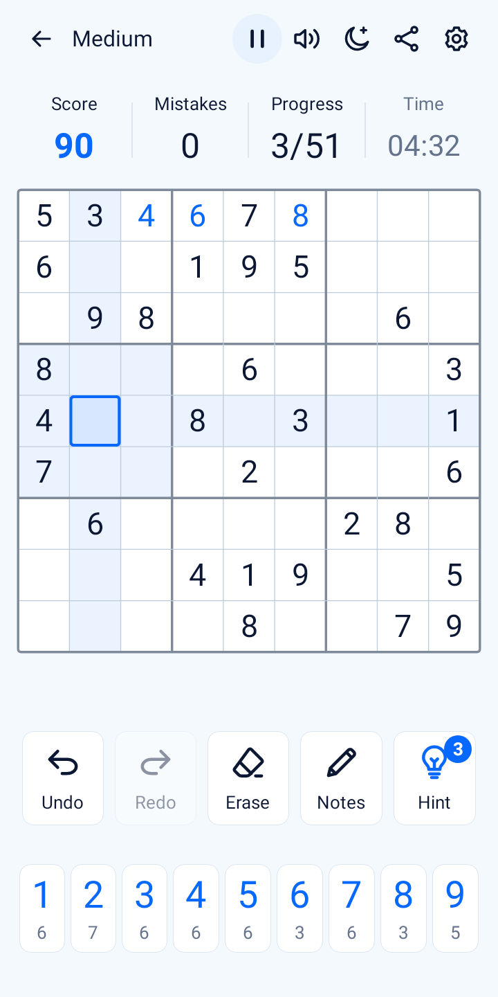SuperSudoku's light game board with pencil notes, undo, hints and an easy-to-read number pad